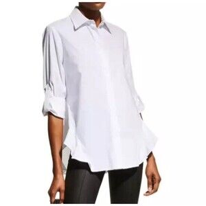 Finley Agatha White Button Down Blouse Poplin Side Flounce Roll Tab Sleeve Large